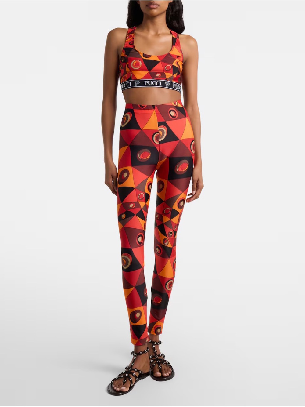 Emilio Pucci Occhi Print 2 Piece Set Crop Sports Bra + Leggings Red Orange